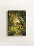 A horizontal canvas wall art print depicting an impressionistic green forest scene with trees and light filtering through foliage, mounted on a textured off-white wall.