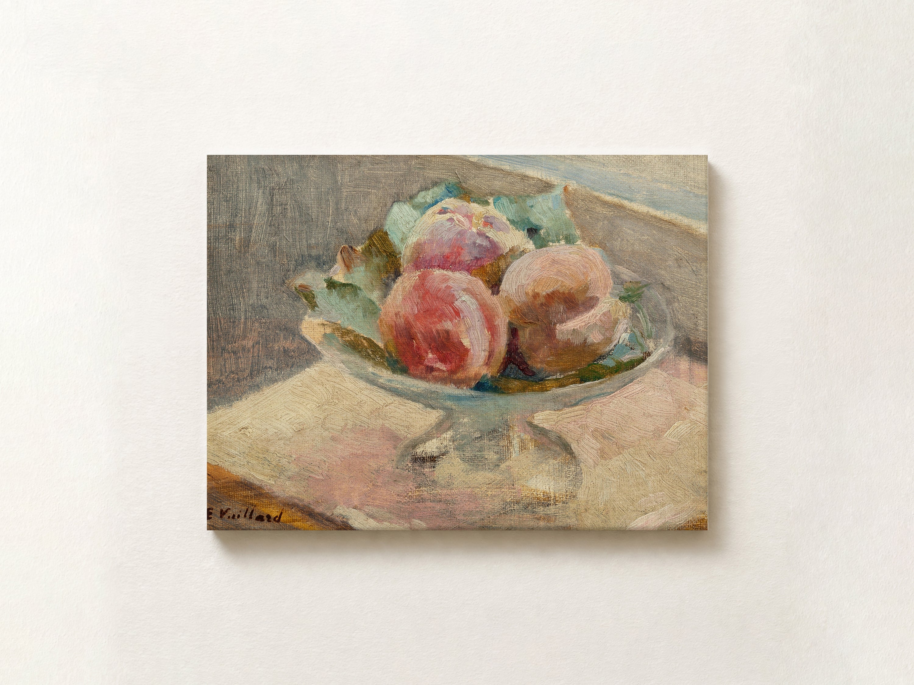A painting of a bowl of peaches on canvas