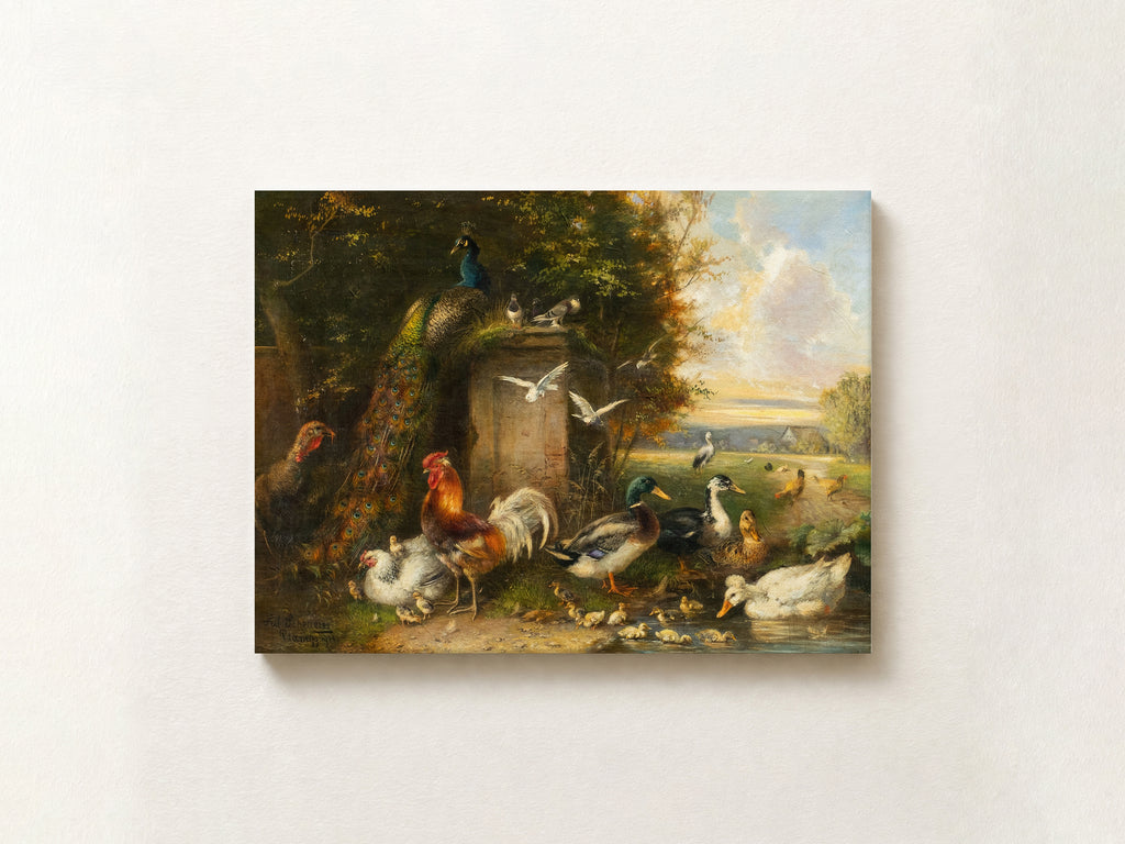 A rectangular canvas print of a classical oil painting depicting various farm animals, including chickens, ducks, and a rooster, gathered around a stone trough in a lush green landscape. The canvas is mounted on a textured off-white wall.