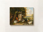 A rectangular canvas print of a classical oil painting depicting various farm animals, including chickens, ducks, and a rooster, gathered around a stone trough in a lush green landscape. The canvas is mounted on a textured off-white wall.
