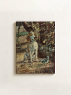 An impressionist-style painting of a dog with a bird, shown as a rectangular canvas mounted on a light beige wall.