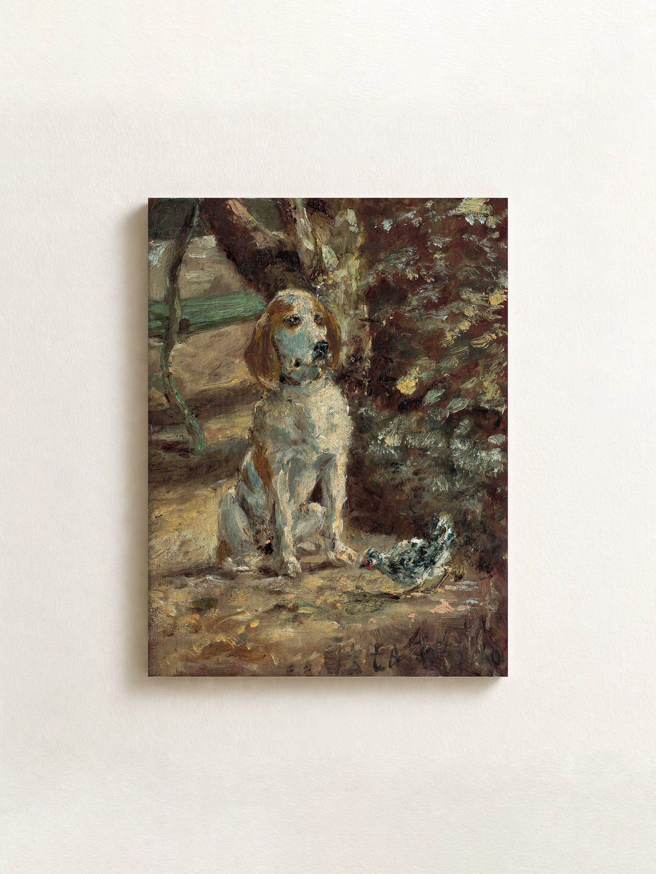 An impressionist-style painting of a dog with a bird, shown as a rectangular canvas mounted on a light beige wall.