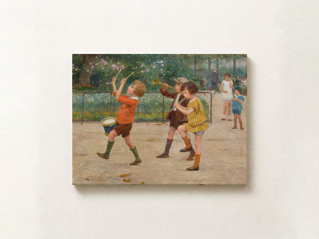 A rectangular canvas print of an impressionist painting depicting children playing outdoors, mounted on a light beige wall.