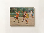 A rectangular canvas print of an impressionist painting depicting children playing outdoors, mounted on a light beige wall.