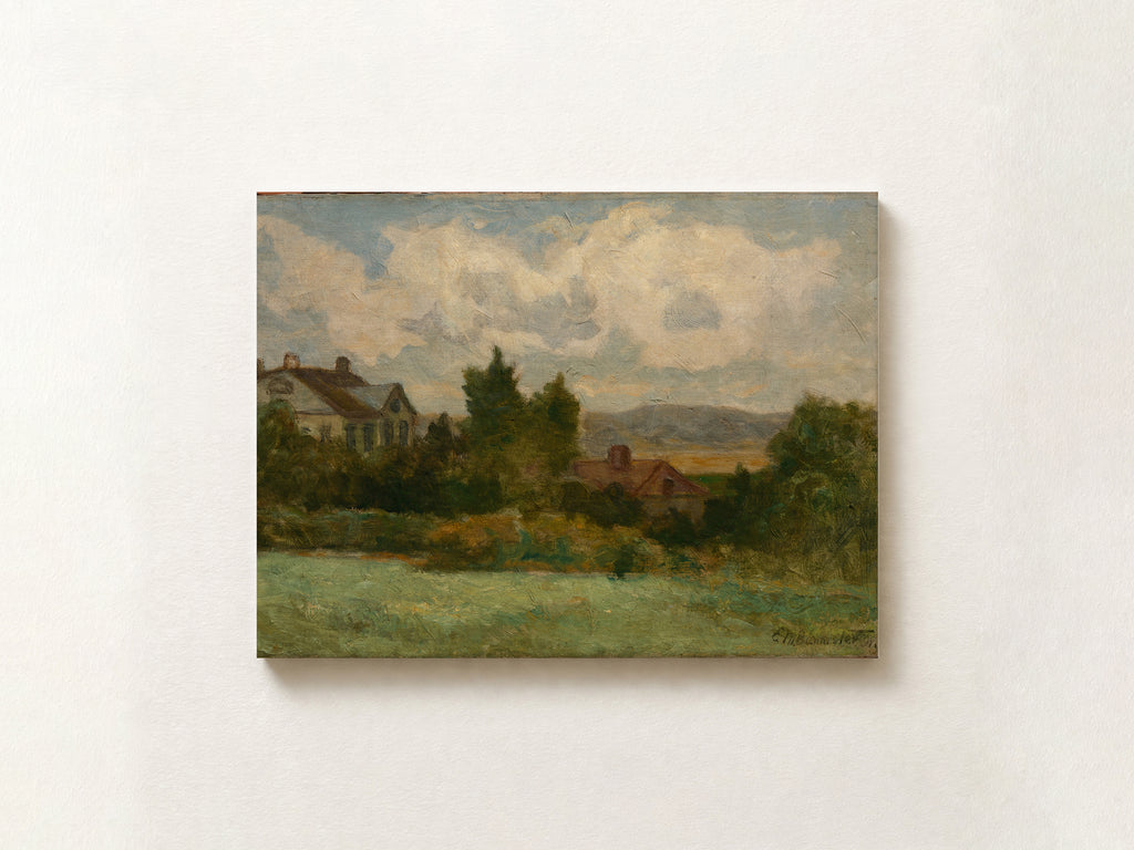 A framed landscape oil painting on canvas, depicting a rural scene with a house, trees, distant hills, and a cloudy sky, mounted on a textured off-white wall.