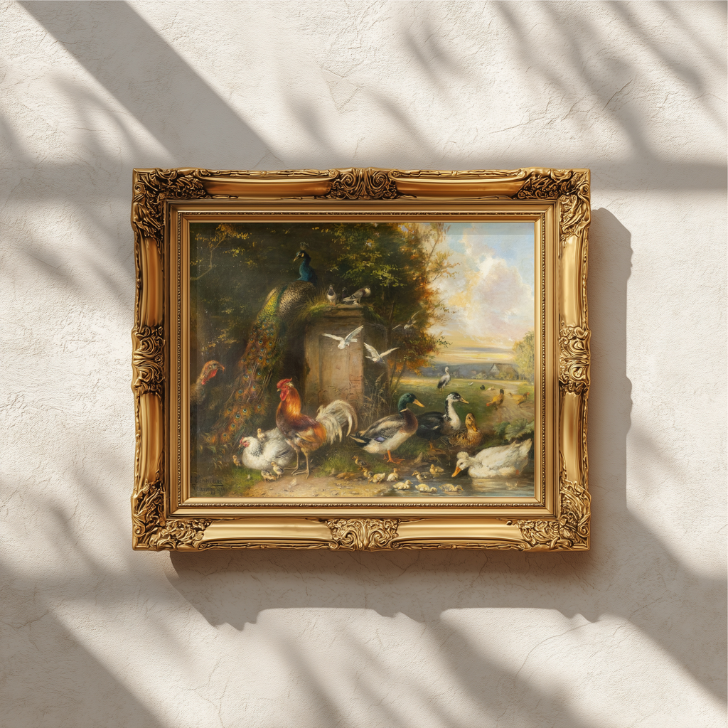 An ornate gold-framed classical painting hanging on a textured white wall, with soft shadow patterns cast across the scene.