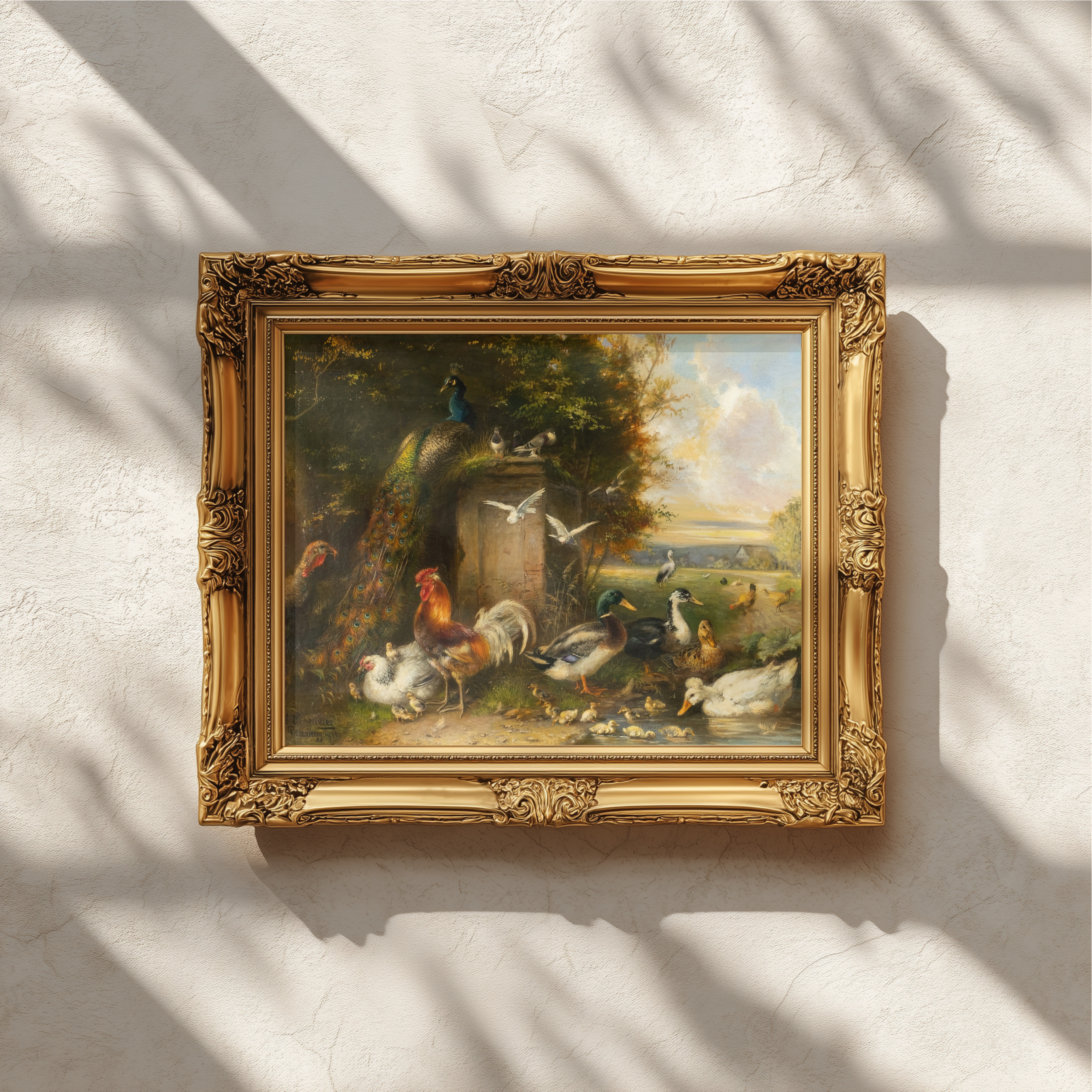 An ornate gold-framed classical painting hanging on a textured white wall, with soft shadow patterns cast across the scene.