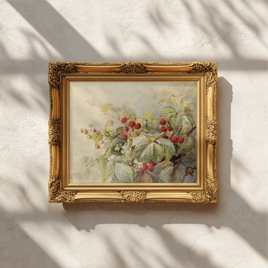 A framed botanical painting of red berries and green leaves, set in an ornate gold frame and mounted on a textured off-white wall with soft leaf shadows cast across it.