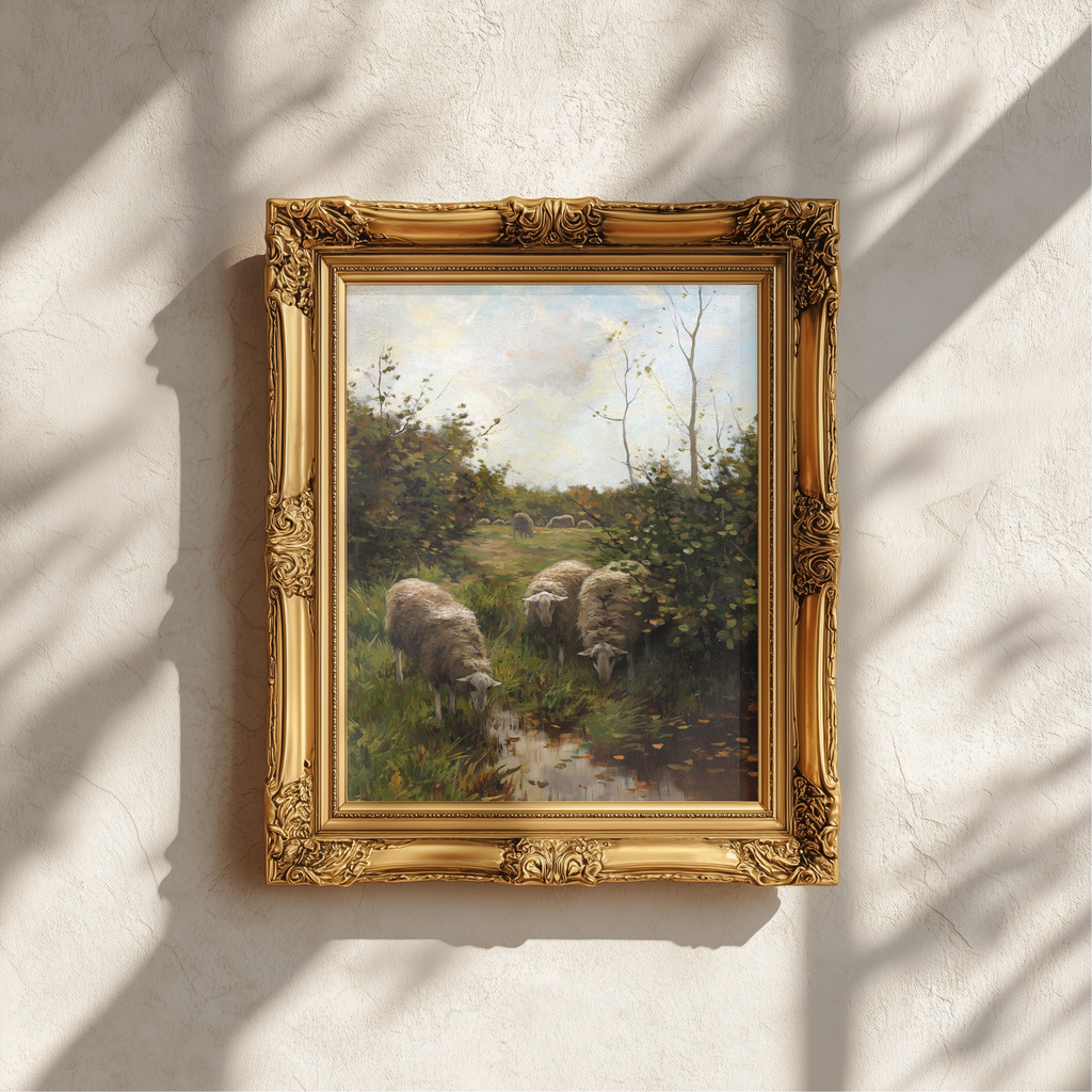A framed landscape painting of sheep grazing in a grassy field near a stream, displayed on a textured white wall with soft window shadow patterns.