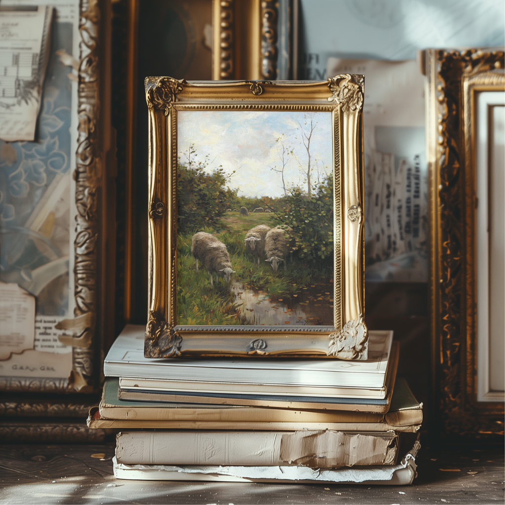 A small ornate gold picture frame holding a landscape painting of sheep grazing by a stream, displayed on a stack of vintage books in a rustic interior setting.