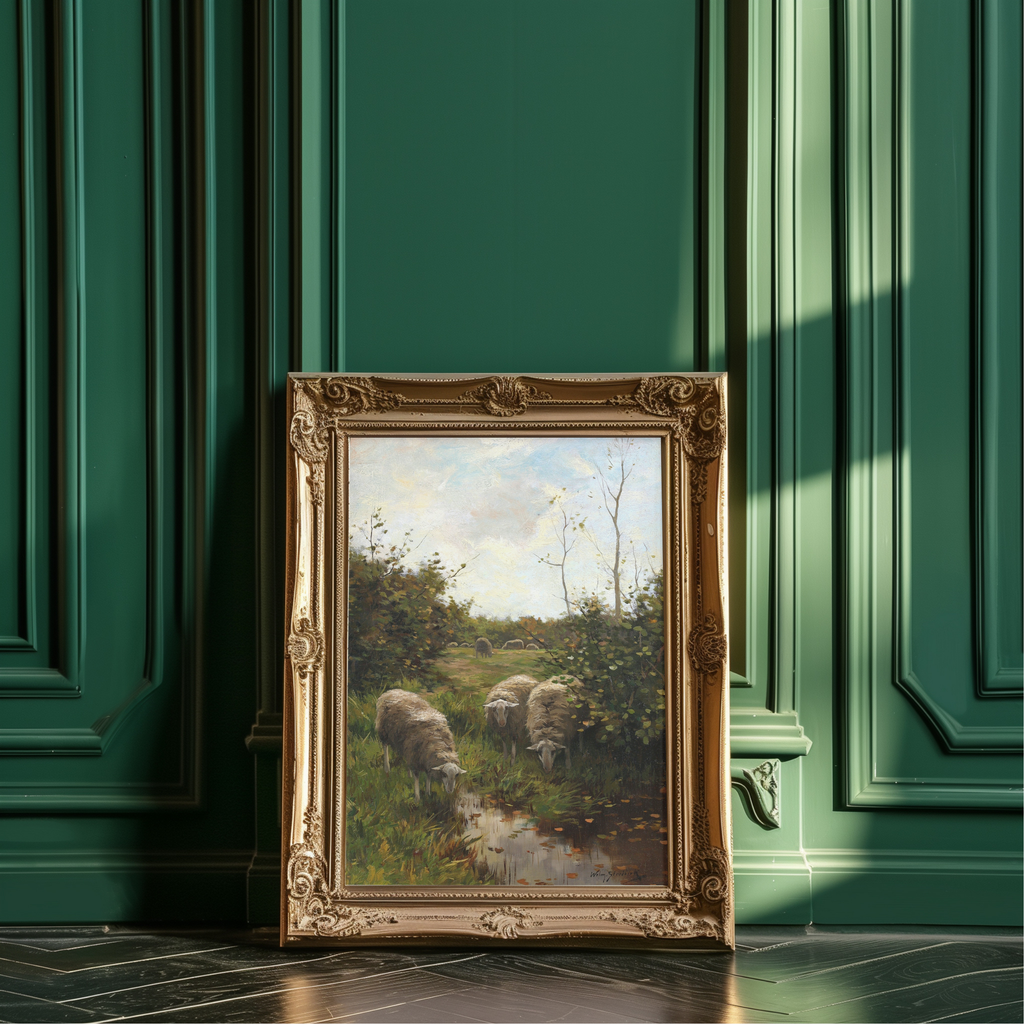 An ornate gold-framed landscape painting depicting sheep grazing near a stream, leaning against a dark green paneled wall on a dark tiled floor.