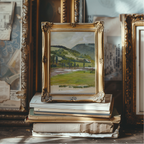 A small ornate gold picture frame holding a landscape painting, displayed on a stack of vintage books in a styled interior setting.