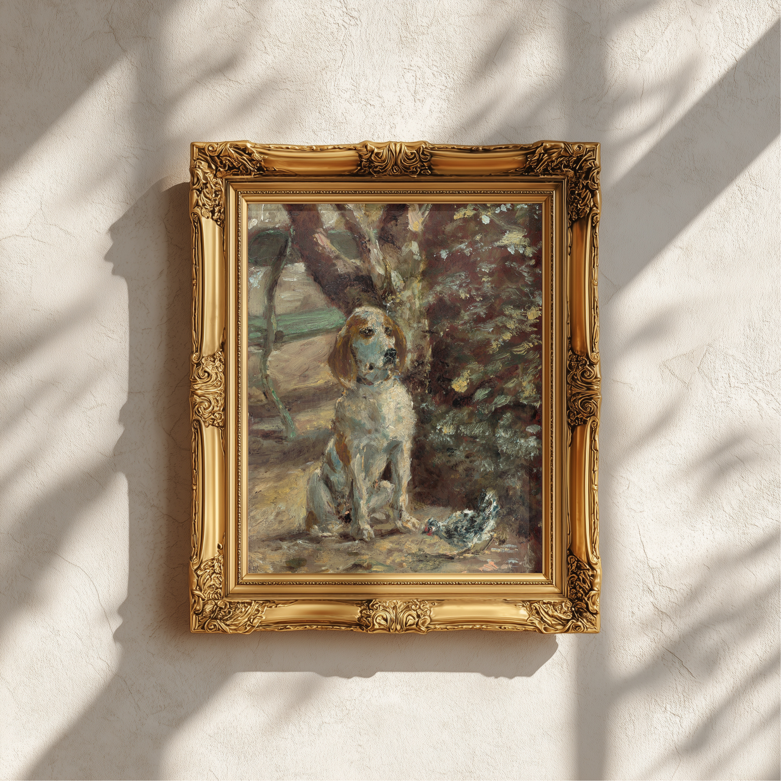 An ornate gold-framed painting of a white and tan dog sitting outdoors near trees, displayed on a textured off-white wall with soft leaf shadows cast across it.