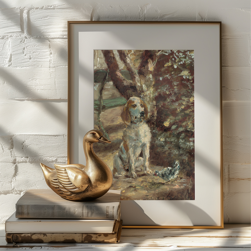 A framed art print featuring a painting of a white and tan hunting dog sitting in a wooded setting, styled on a white brick wall next to a gold duck figurine and books.