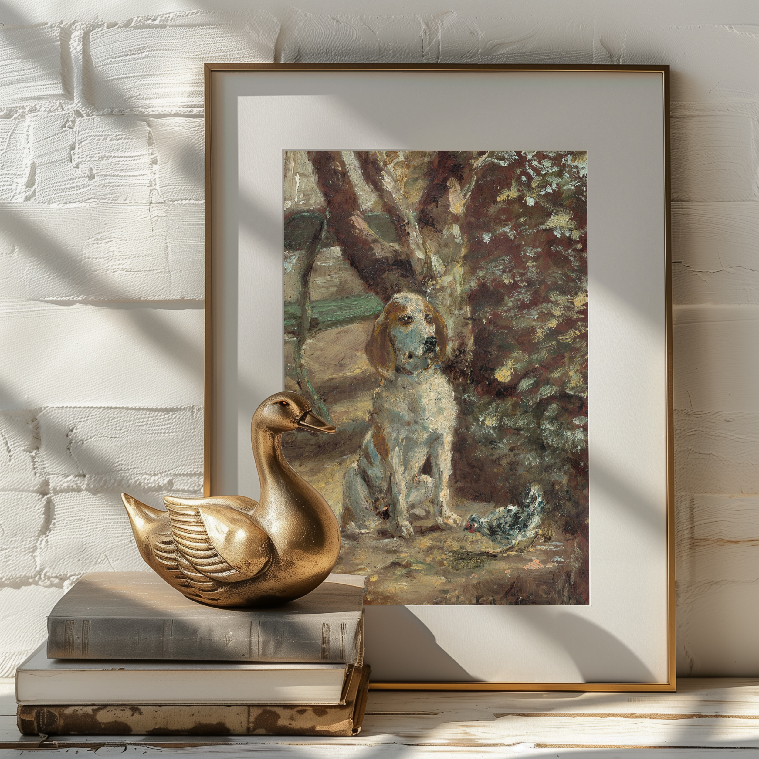 A framed art print featuring a painting of a white and tan hunting dog sitting in a wooded setting, styled on a white brick wall next to a gold duck figurine and books.