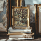 A small ornate gold picture frame holding a painted scene of a dog sitting outdoors, displayed on top of stacked vintage books in a softly lit interior setting.