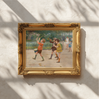 A framed vintage-style painting depicting children playing outdoors, mounted on a textured white wall with soft window shadows cast across it. The artwork is enclosed in an ornate gold frame.