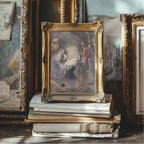 A small framed vintage-style painting with an ornate gold frame sits on a stack of old books in a softly lit room. The painting depicts figures around a glowing scene, and other framed art and books are visible in the background.