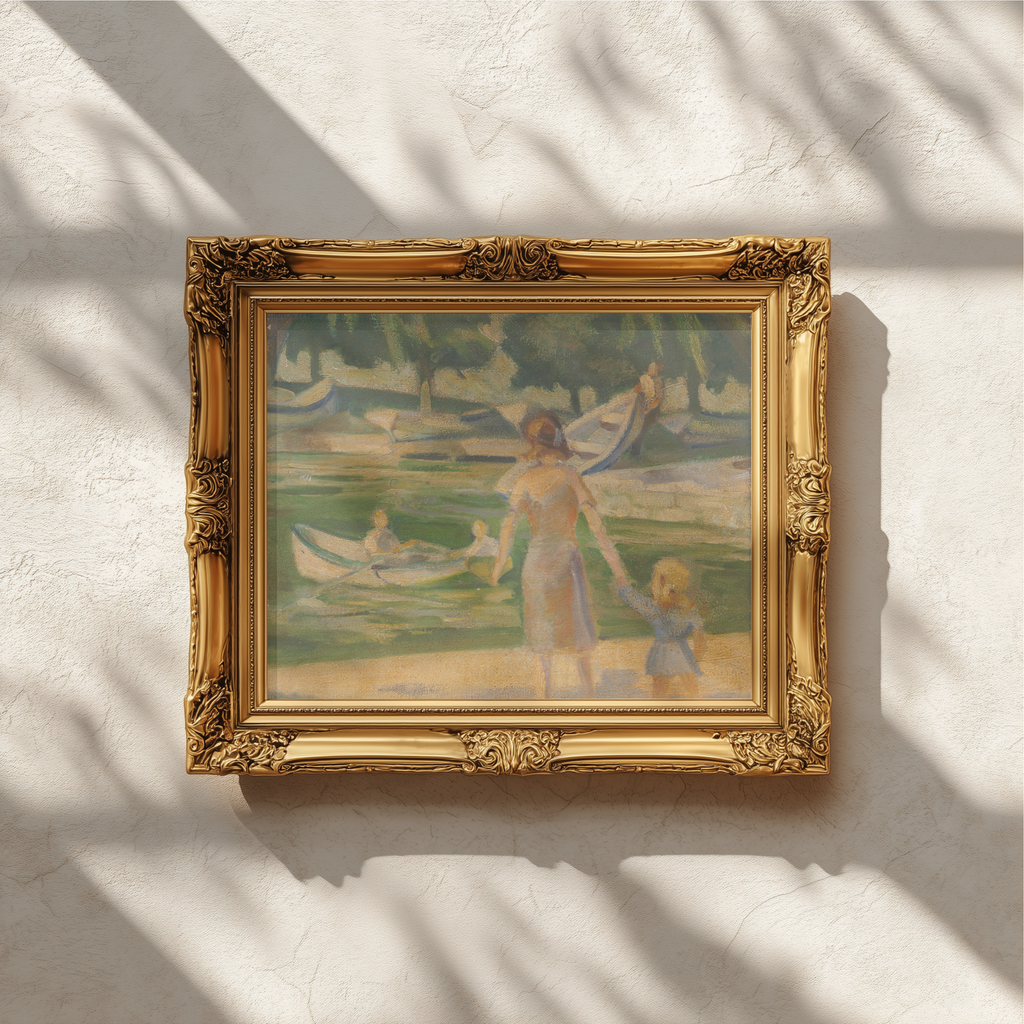 An ornate gold-framed painting hanging on a textured white wall, with soft shadows cast across the artwork and frame from nearby foliage.