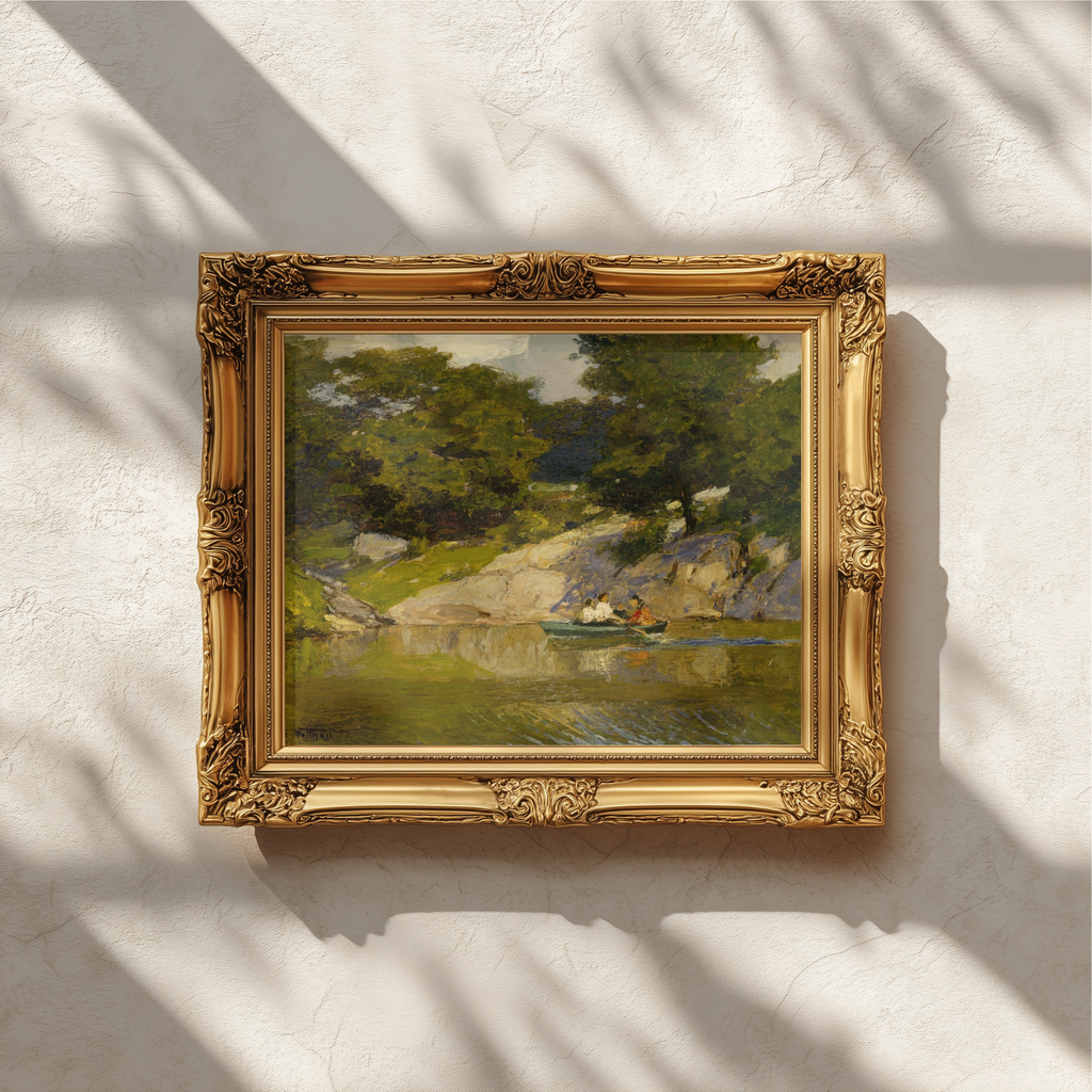 An ornate gold-framed painting of a lush green landscape hangs on a textured white wall, with soft shadows cast across the scene.