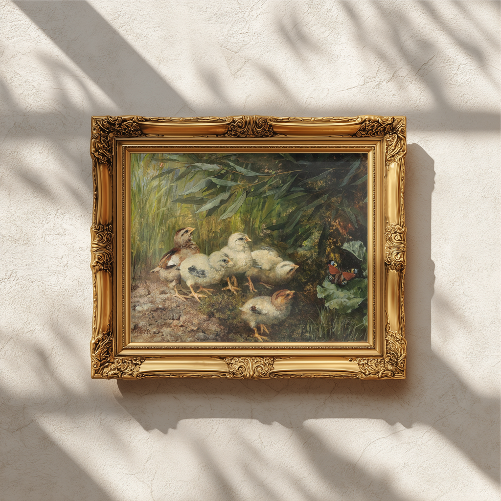 An ornate gold-framed painting of several white chicks gathered in a green, earthy setting, mounted on a textured off-white wall with soft window shadow patterns.