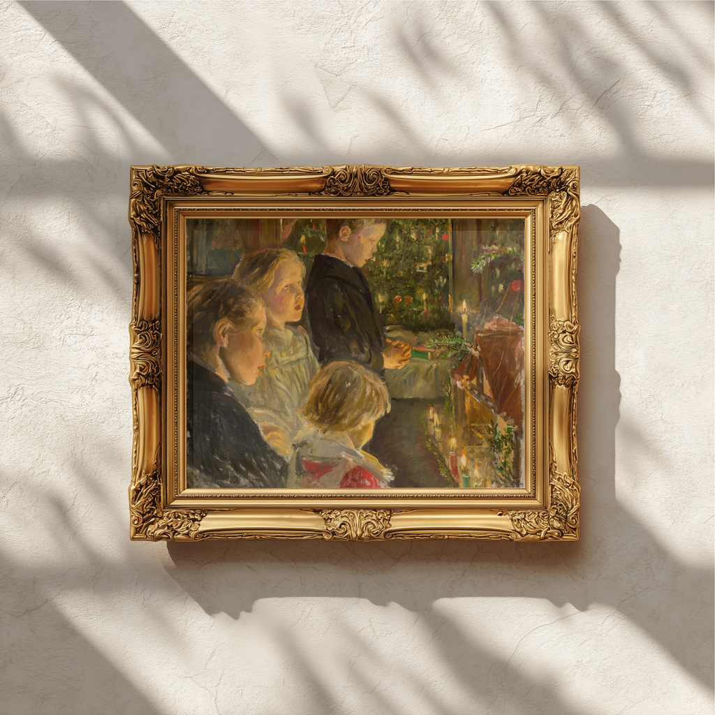 An ornate gold-framed painting hangs on a textured white wall, with dappled sunlight and shadows cast across the surface. The painting depicts a soft-focus scene with warm tones and figures.