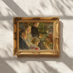 An ornate gold-framed painting hangs on a textured white wall, with dappled sunlight and shadows cast across the surface. The painting depicts a soft-focus scene with warm tones and figures.