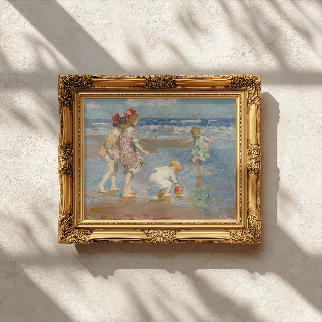 An ornate gold-framed painting hanging on a textured white wall, with soft window shadows cast across the scene. The painting depicts children playing outdoors in soft blue, beige, and pink tones.