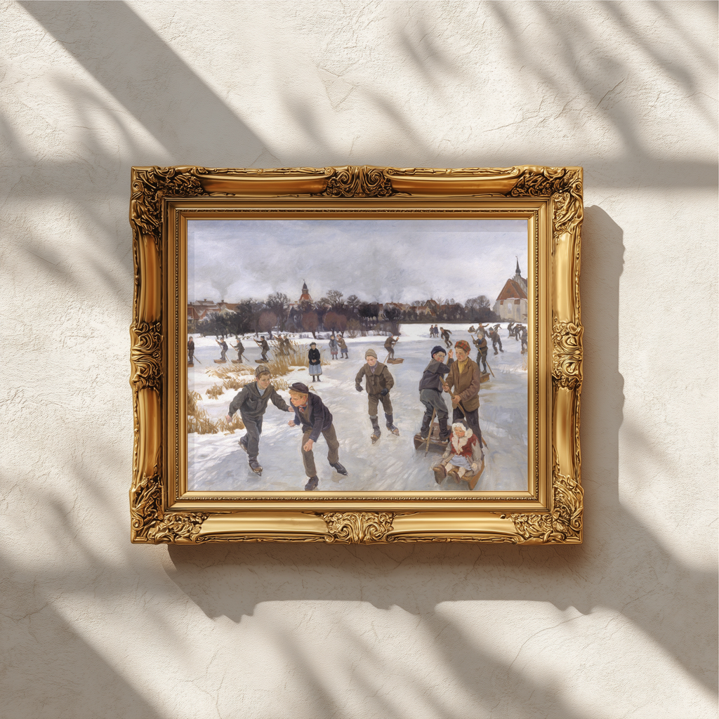 An ornate gold-framed painting depicting figures in a snowy outdoor scene, mounted on a textured off-white wall with soft window shadow patterns.
