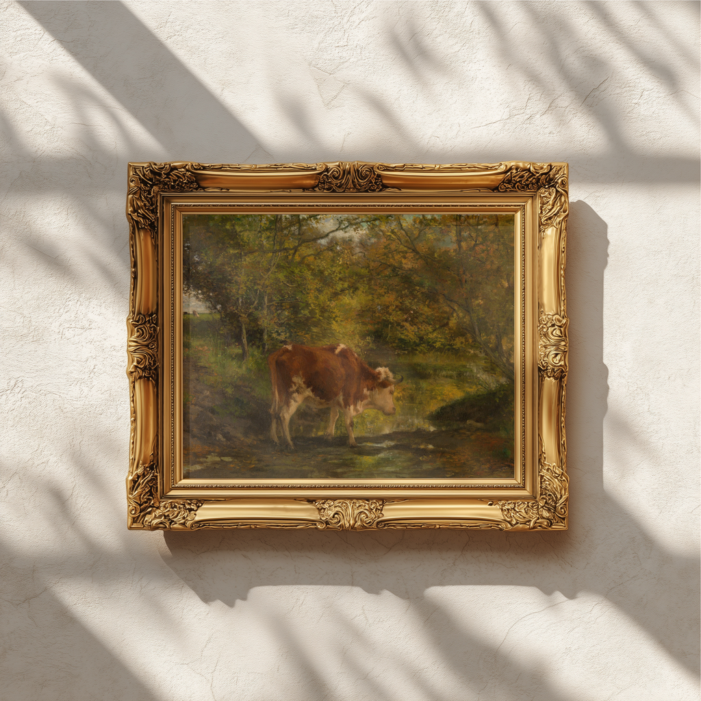 An ornate gold-framed painting of a horse in a green landscape, mounted on a textured white wall with soft window shadow patterns.