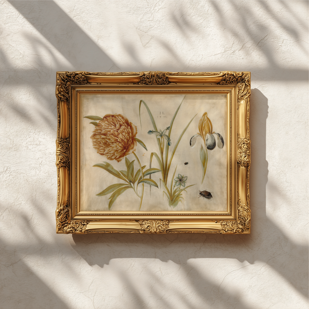 An ornate gold-framed botanical art print featuring a detailed illustration of a large orange-brown flower with green leaves, displayed on a textured off-white wall with soft window shadow patterns.
