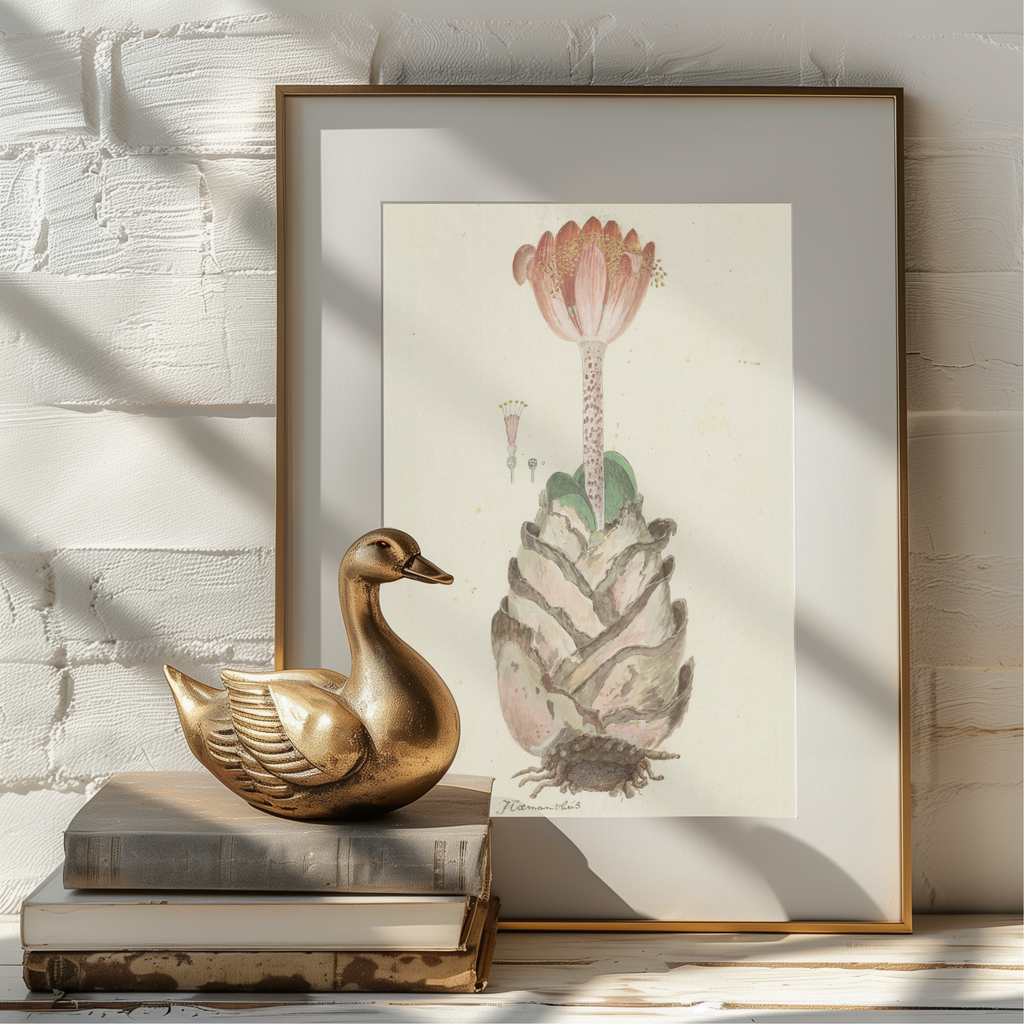 A framed botanical art print featuring a succulent and flower, styled on a white brick wall next to a gold duck figurine on stacked books.