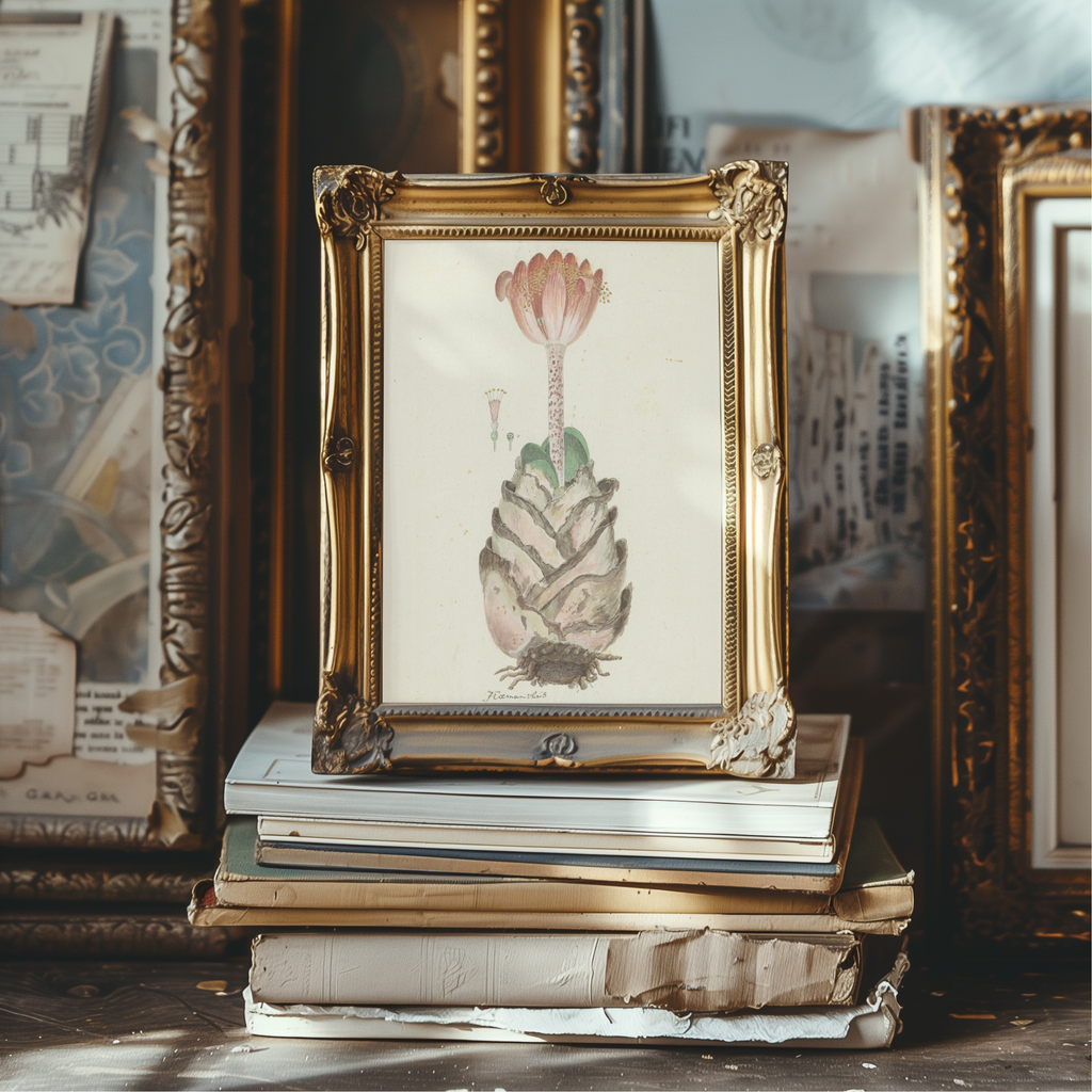 A vintage-style botanical art print in an ornate gold frame, displayed on a stack of old books in a rustic room setting.