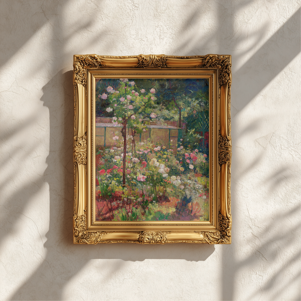 An ornate gold-framed painting of a lush garden with pink and white flowers under soft dappled sunlight, mounted on a textured off-white wall.