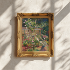 An ornate gold-framed painting of a lush garden with pink and white flowers under soft dappled sunlight, mounted on a textured off-white wall.