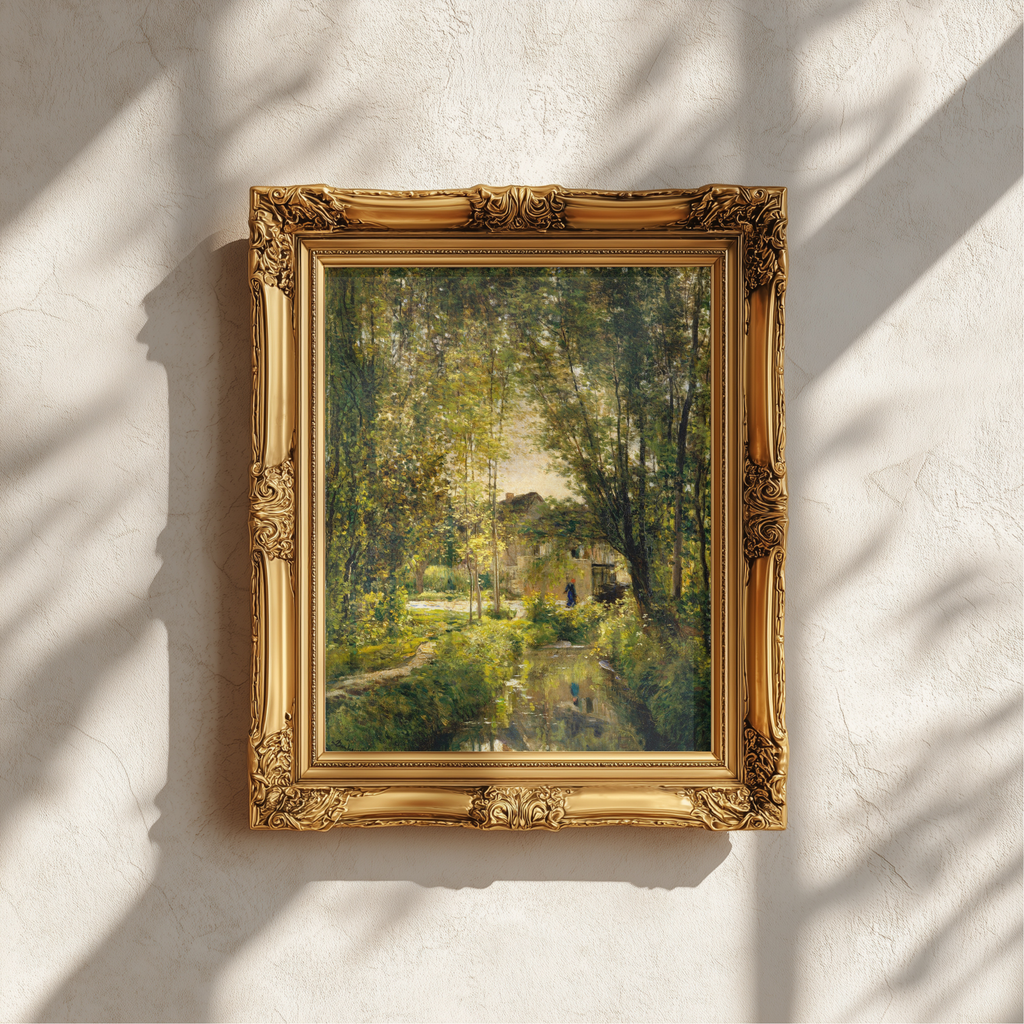 An ornate gold-framed landscape painting hanging on a textured white wall, with dappled sunlight and shadows cast across the scene.