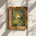 An ornate gold-framed landscape painting hanging on a textured white wall, with dappled sunlight and shadows cast across the scene.
