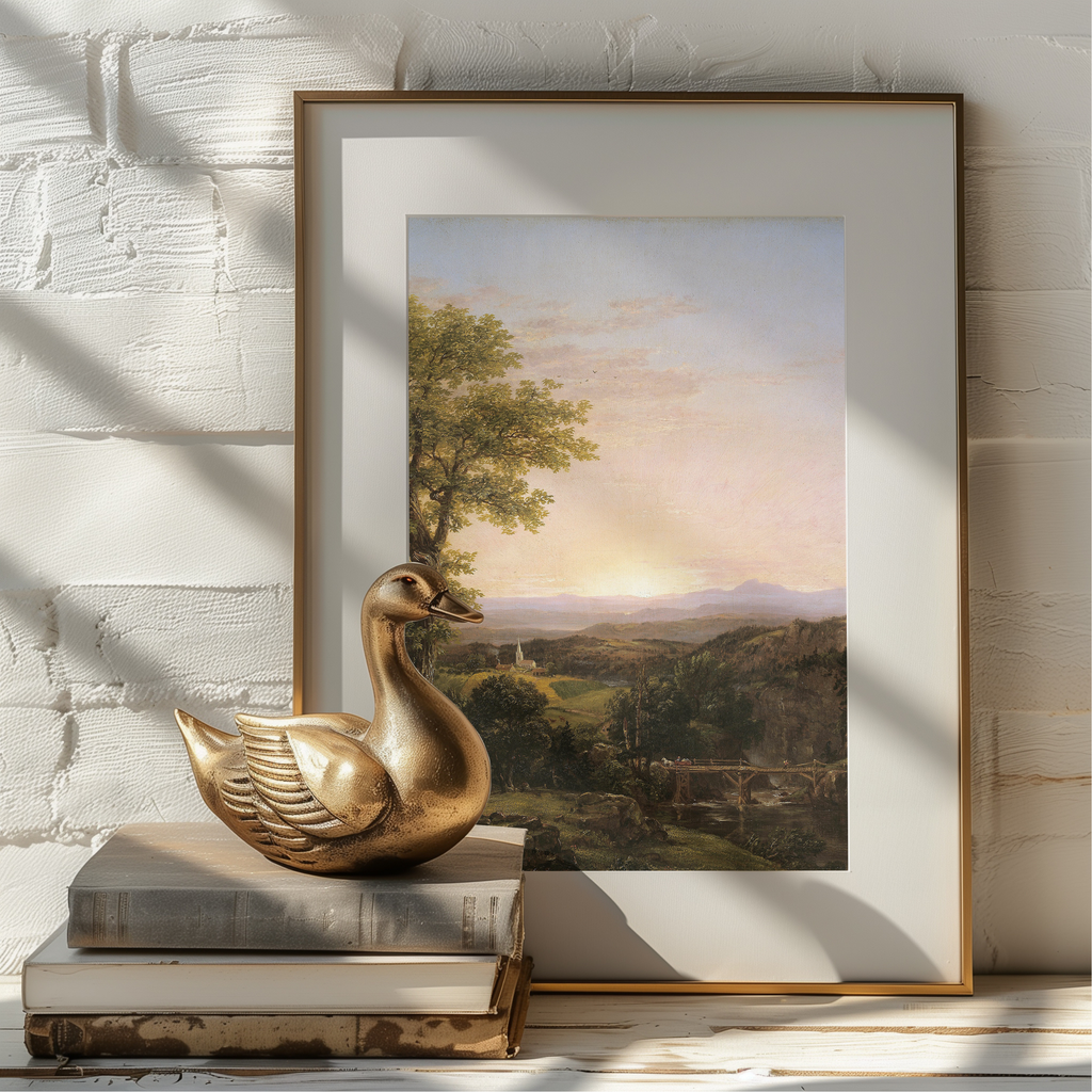 A framed landscape art print leaning against a white painted brick wall on a wooden surface, styled with stacked books and a metallic gold duck sculpture in the foreground.