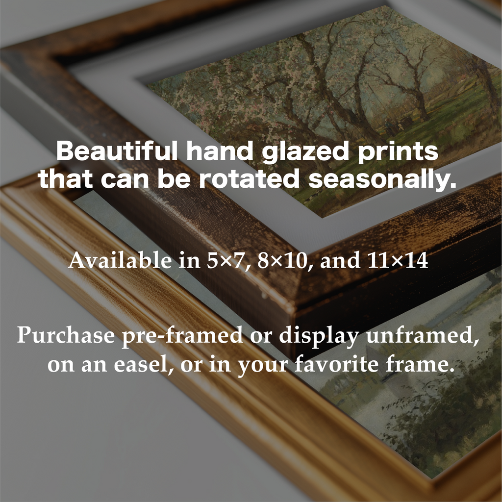 Promotional graphic for hand-glazed art prints showing overlapping framed prints with overlaid marketing text about rotation and available sizes.