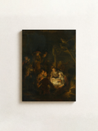 A dark, classical oil painting depicting a dramatic nativity scene with figures and light, displayed on a textured off-white wall.