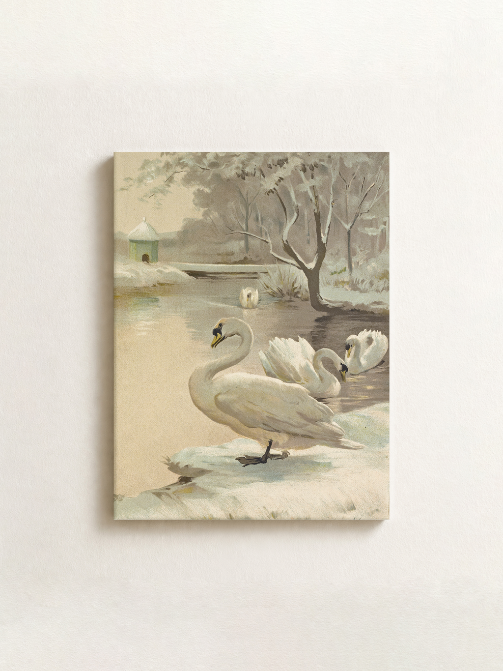 A square canvas wall art print featuring a whimsical winter scene with white swans, bare trees, and soft cream and gray brushstrokes, displayed against a light neutral wall.